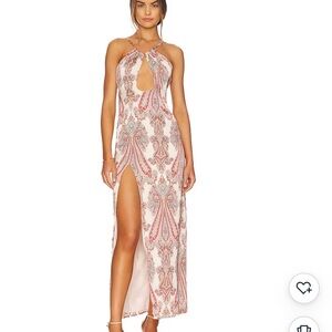 Superdown maxi dress red and cream satin print